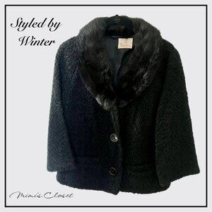 Vintage 50s STYLED BY WINTER Boucle Jacket with Mink Collar - Black - L